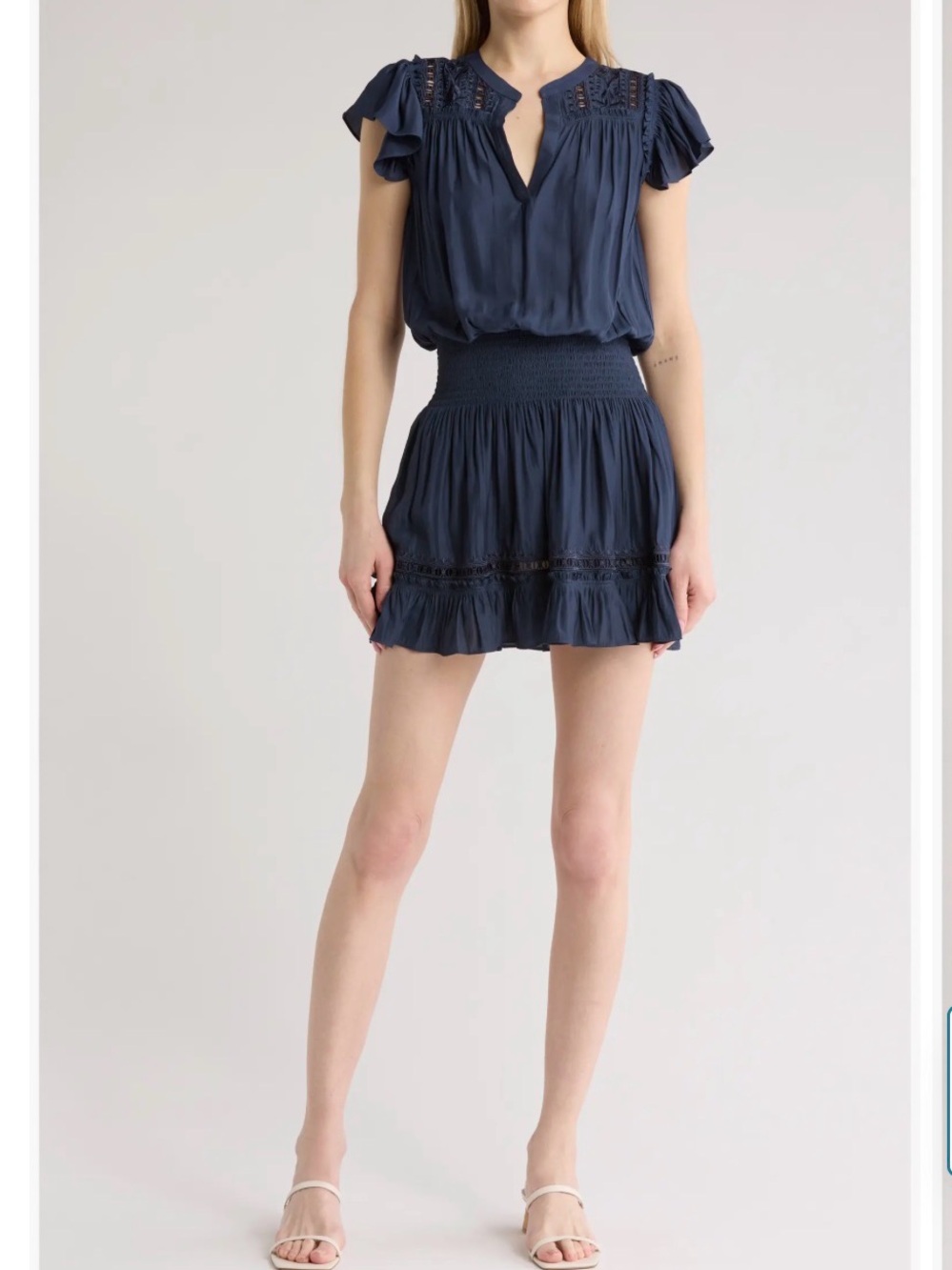 Ramy Brook Navy Ruffled Short Dress with Smocked Waist
